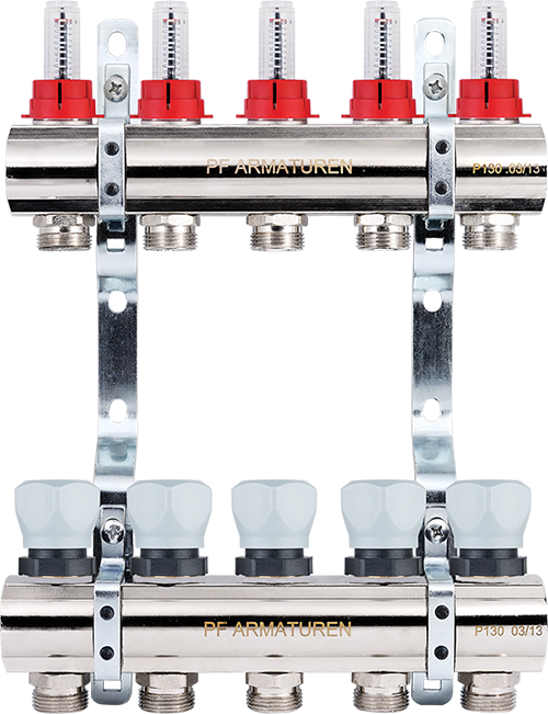 Manifold group with flow meters and thermostatic valves