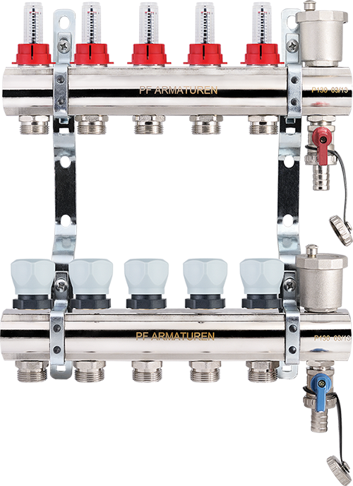 Manifold group with flow meters, thermostatic valves, drain cocks and air vents