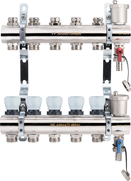 Manifold group with preset and thermostatic valves, drain cocks and air vents