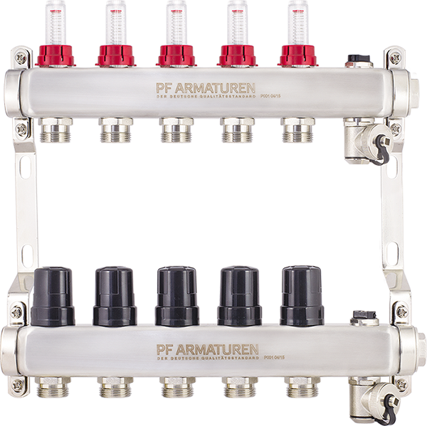 Manifold group with flow meters, thermostatic valves, drain valves and air vents