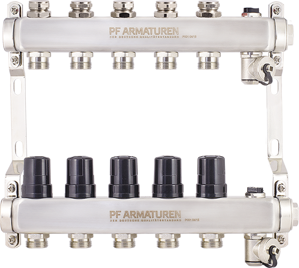 Stainless-steel manifold group with thermostatic valves and flow meters