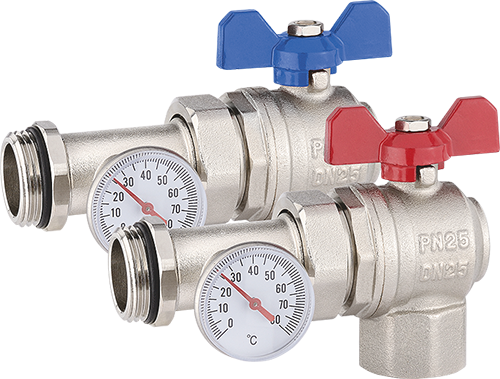 Angle ball valve with union and thermometer