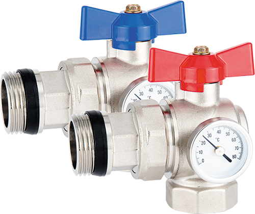 Angle ball valve with union and thermometer