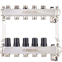 Manifold group with preset and thermostatic valves, drain valves and air vents