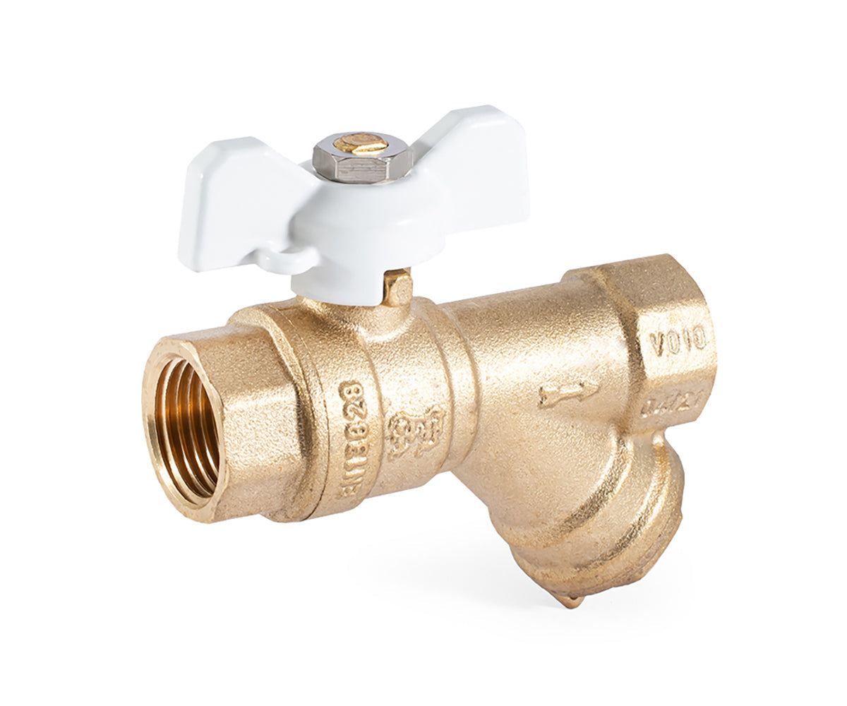 Ball valve with filter, butterfly handle — view 1