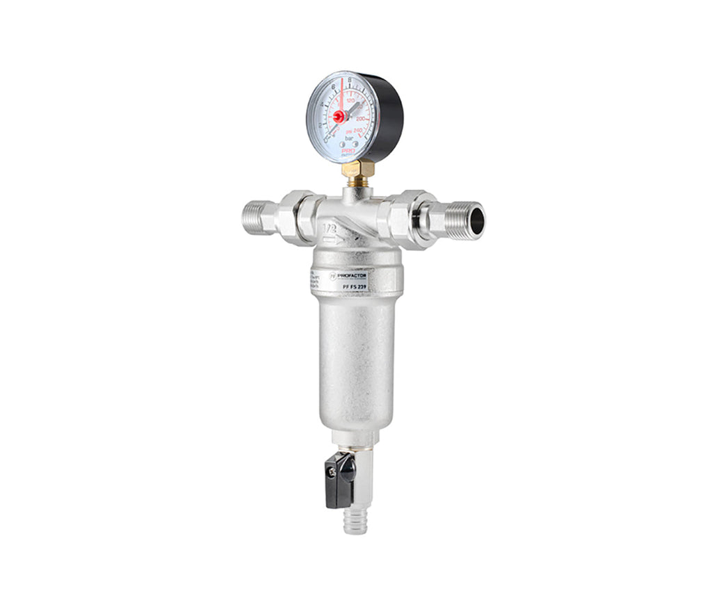 Backwash filter with pressure gauge and brass bowl — view 1