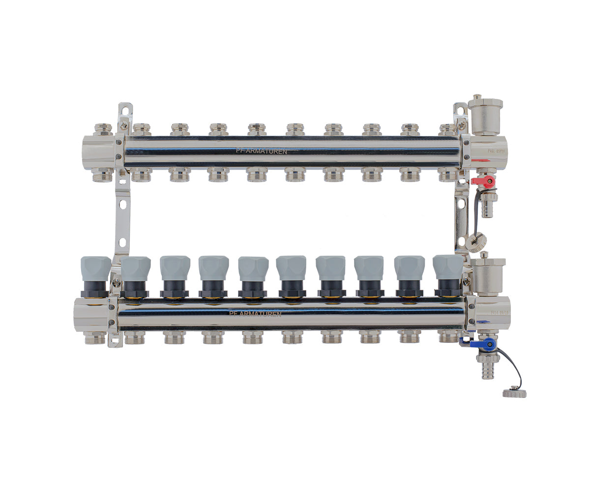 Manifold group with preset and thermostatic valves, drain cocks and air vents — PF MB 804.10