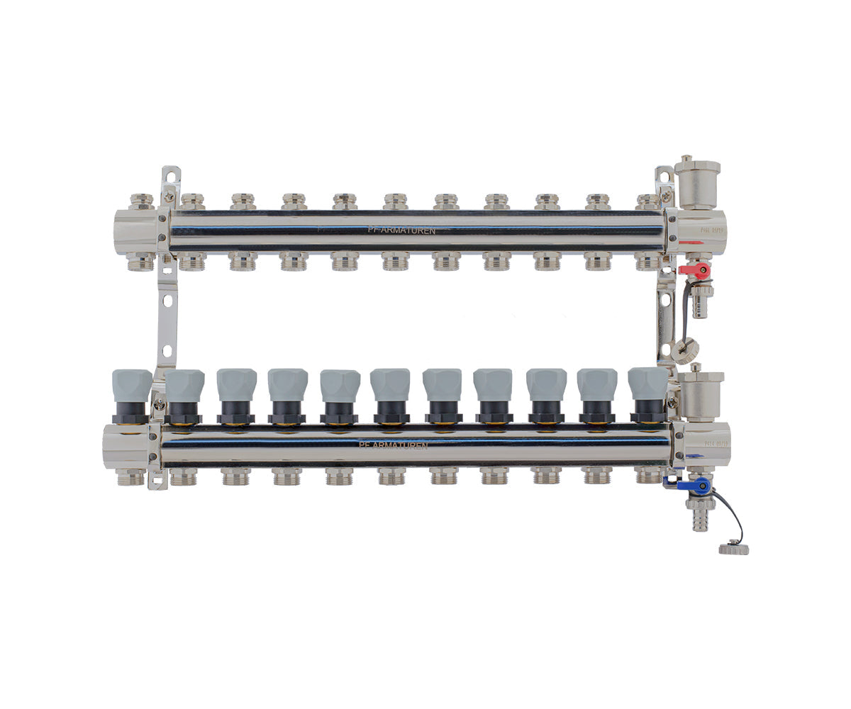Manifold group with preset and thermostatic valves, drain cocks and air vents — PF MB 804.11