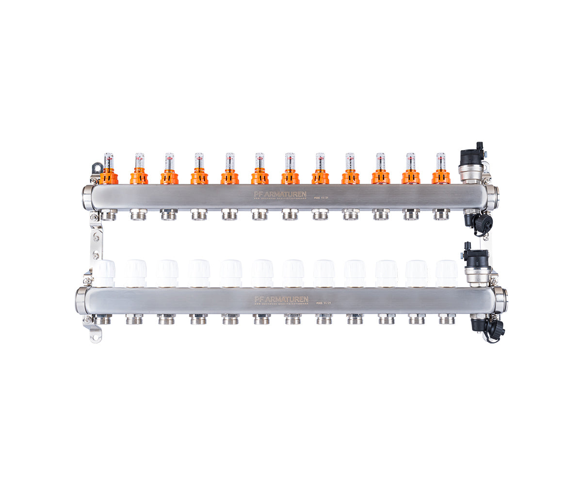 Stainless-steel manifold group with thermostatic valves and flow meters — PF MB 807.12
