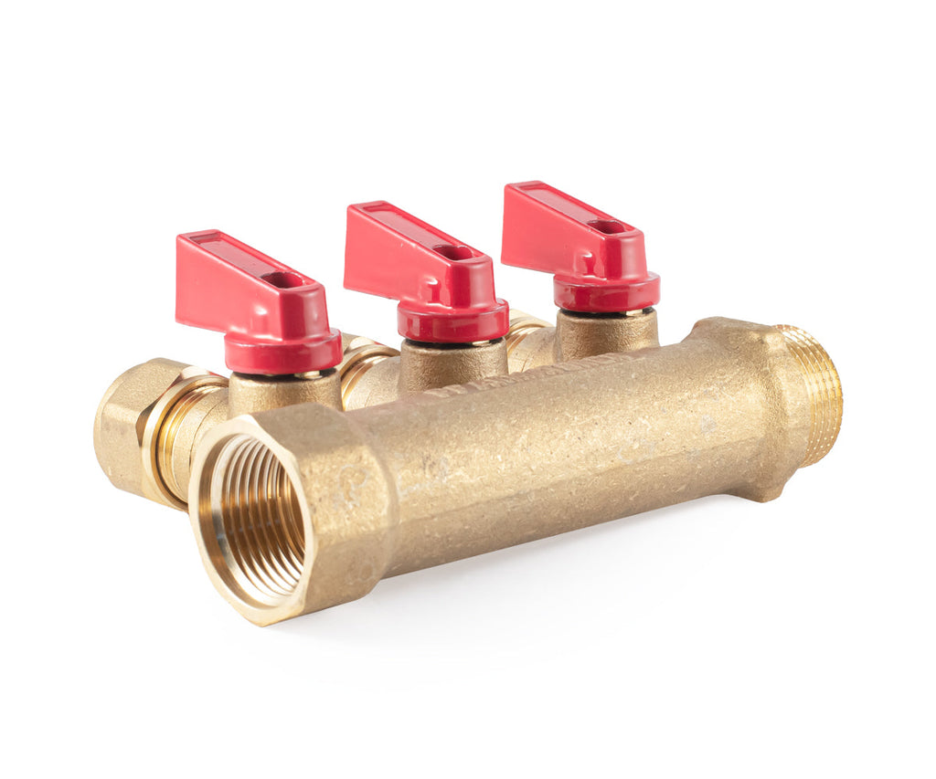 Manifold with ball valves and compression fittings, blue/red handles, F/M — PF MVP 266.3, ракурс 5