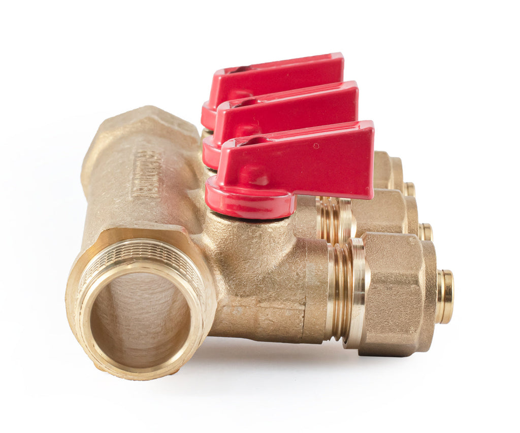Manifold with ball valves and compression fittings, blue/red handles, F/M — PF MVP 266.3, ракурс 8