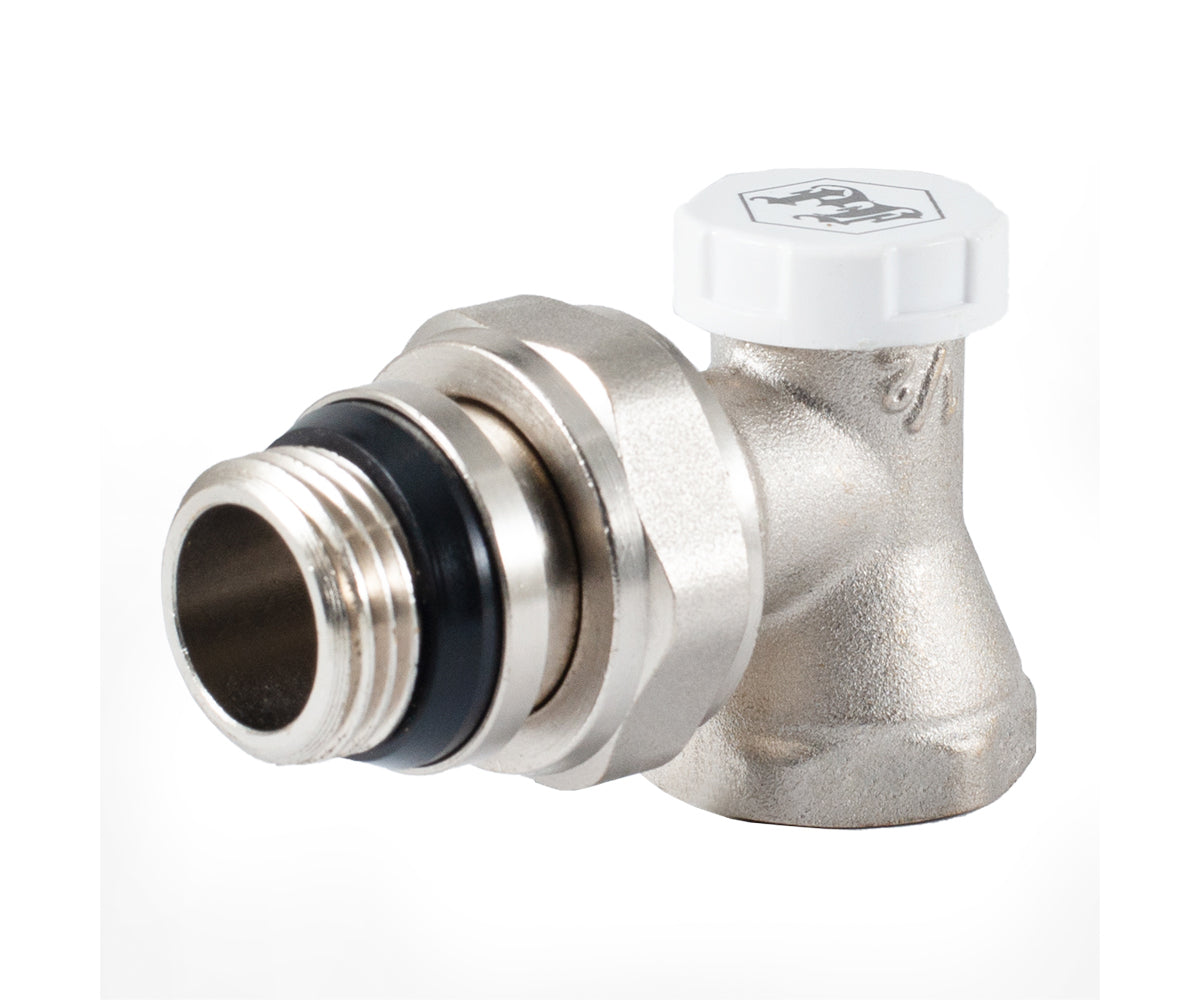 Radiator lockshield valve, angle, cone-type shut-off, with union O-ring seal — PF RVA 378UR, view 1