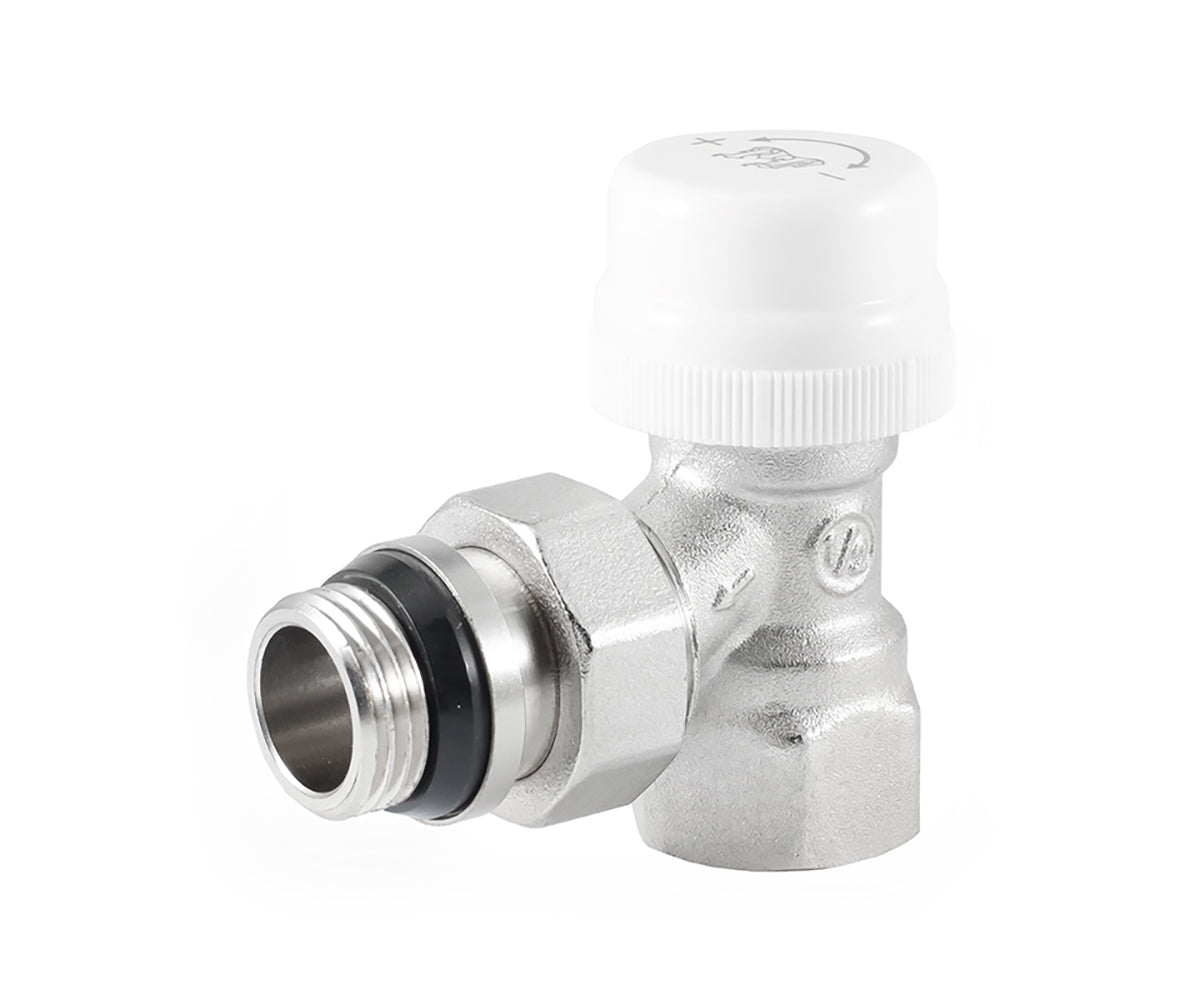 Angled thermostatic radiator valve with O-ring seal at tailpiece — view 1