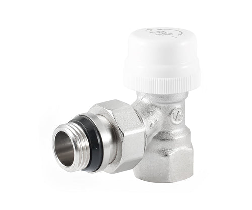Angled thermostatic radiator valve with O-ring seal at tailpiece — view 1