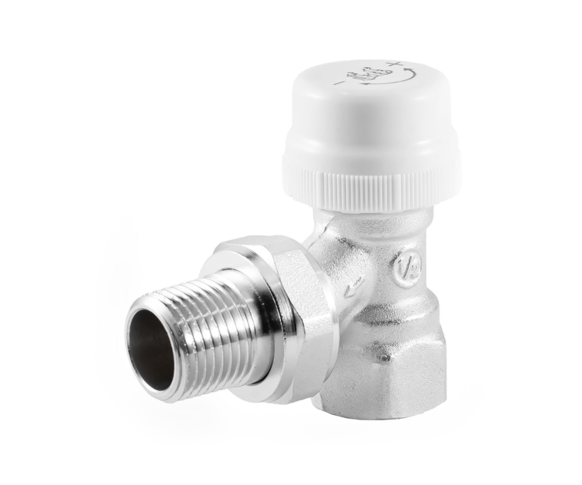 Angled thermostatic radiator valve — view 1