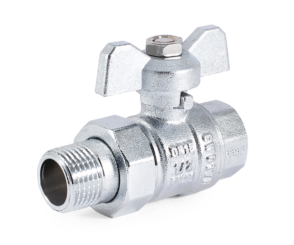 Ball valve «STANDARD» with union, butterfly handle, chrome-plated, for towel warmers — DN 15 / ½", view 1