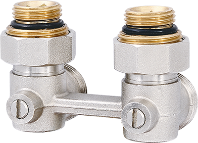 Angled radiator connection unit with ball valve