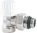 Angled thermostatic radiator valve with presetting and O-ring seal at tailpiece