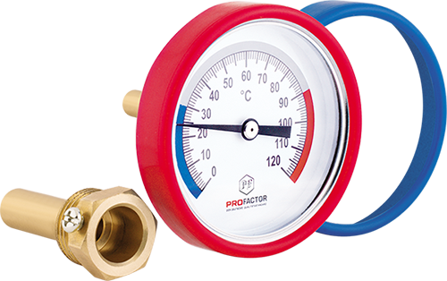 Bimetal thermometer d 63 mm, axial connection, with immersion sleeve